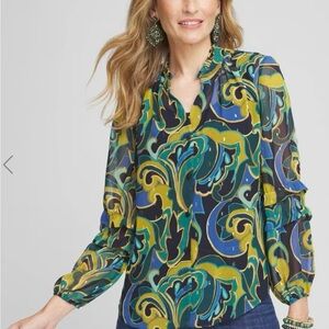 Chico’s Blue Gold Green Chiffon Metallic Swirl Ruffle Sleeve Button Up Blouse
